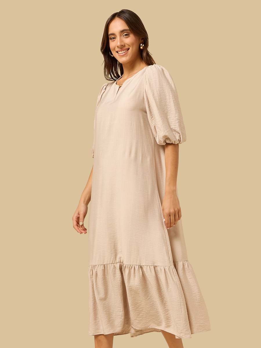 Keyhole Neck Puff Sleeves Midi Dress