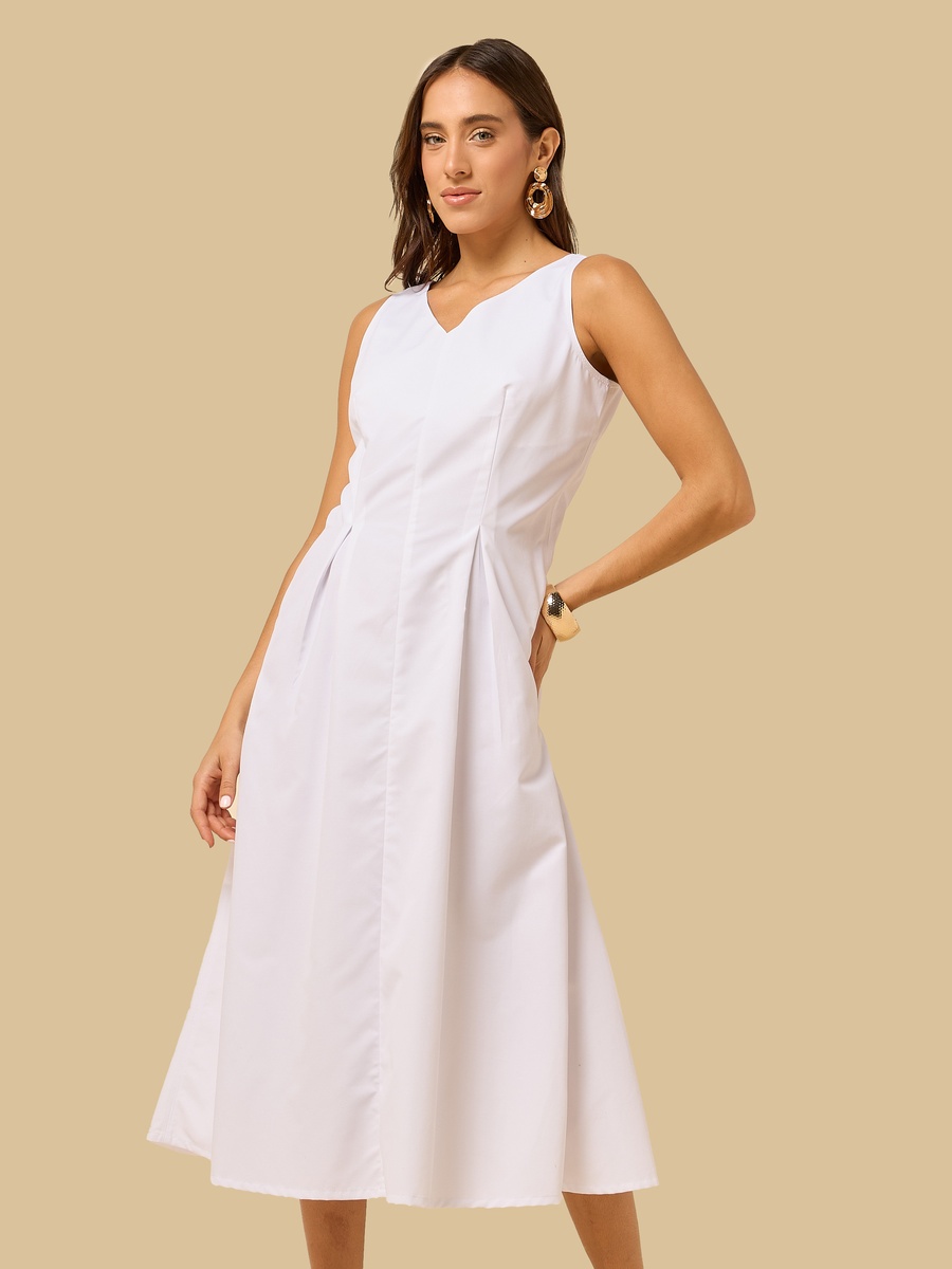 Pleated Poplin Sleeveless Dress with V Neck
