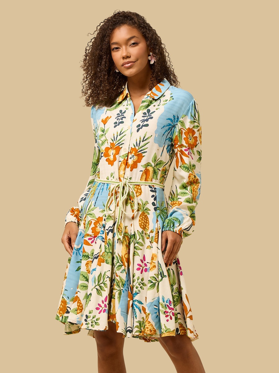 Leaf Print Godet Shirt Dress with Tie-Up