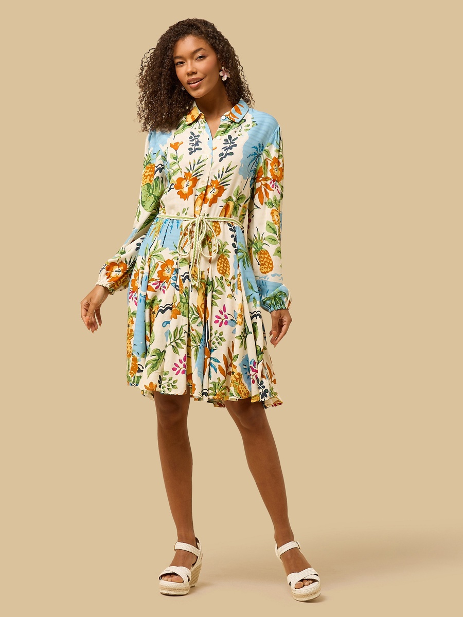 Leaf Print Godet Shirt Dress with Tie-Up