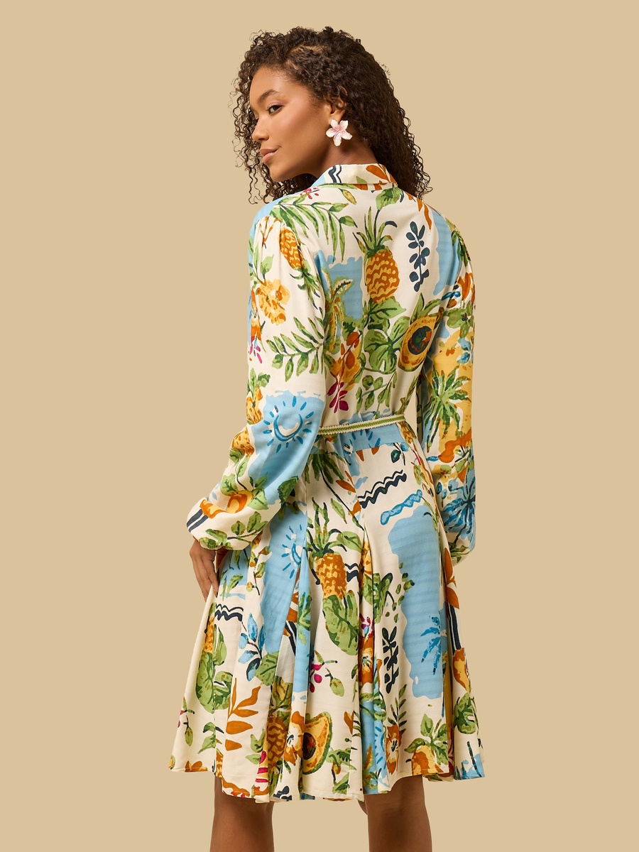 Leaf Print Godet Shirt Dress with Tie-Up