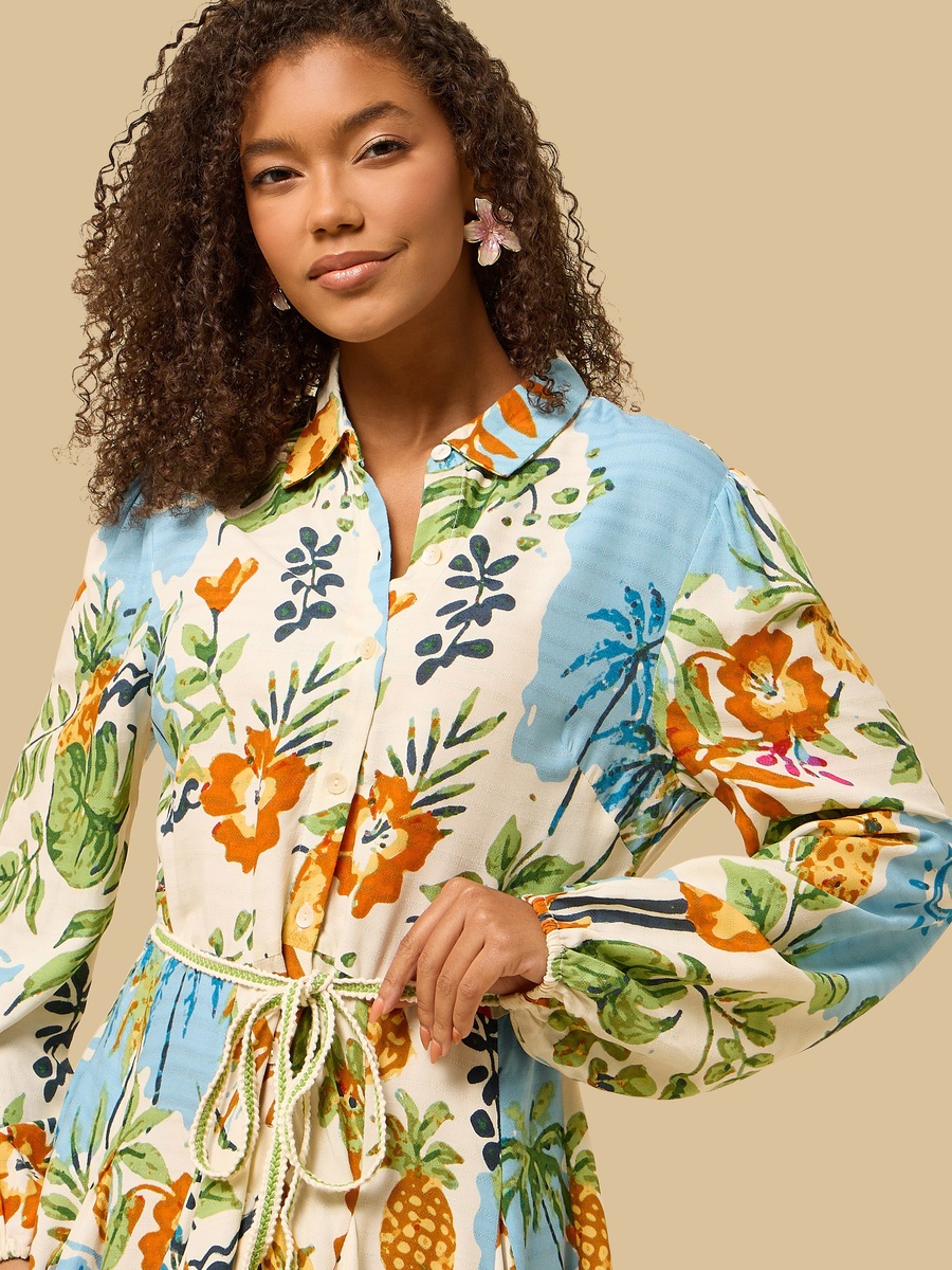 Leaf Print Godet Shirt Dress with Tie-Up
