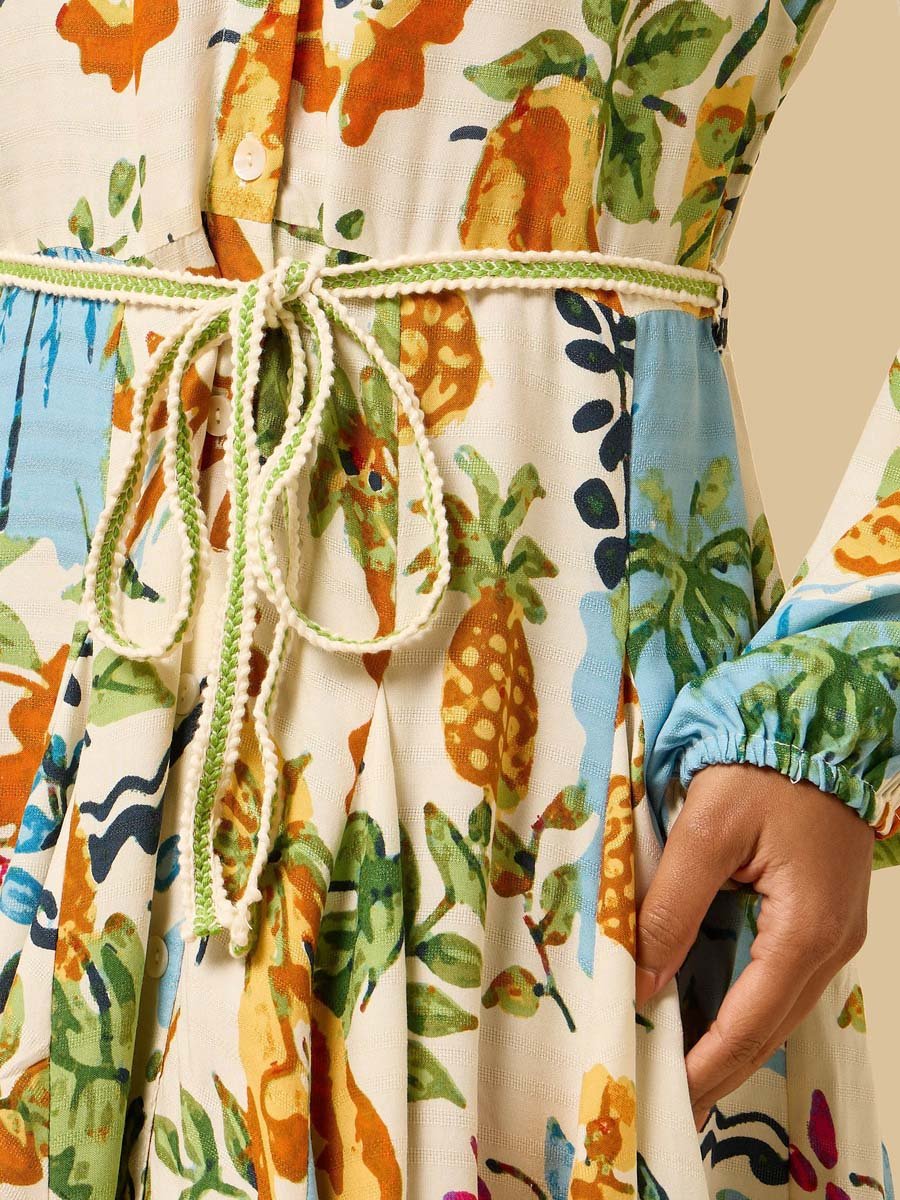 Leaf Print Godet Shirt Dress with Tie-Up