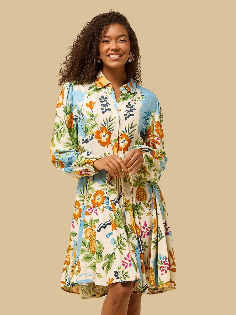 Leaf Print Godet Shirt Dress with Tie-Up