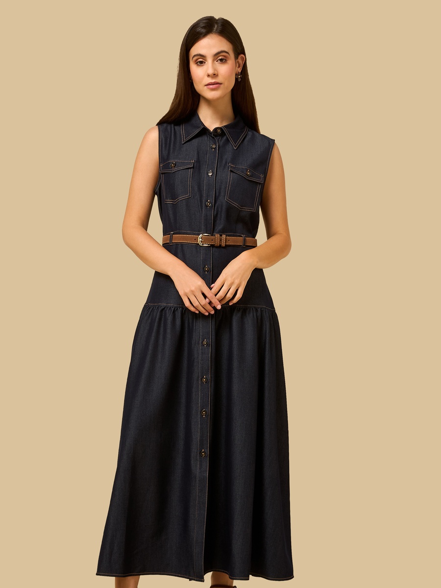 Belted Sleeveless Denim Dress