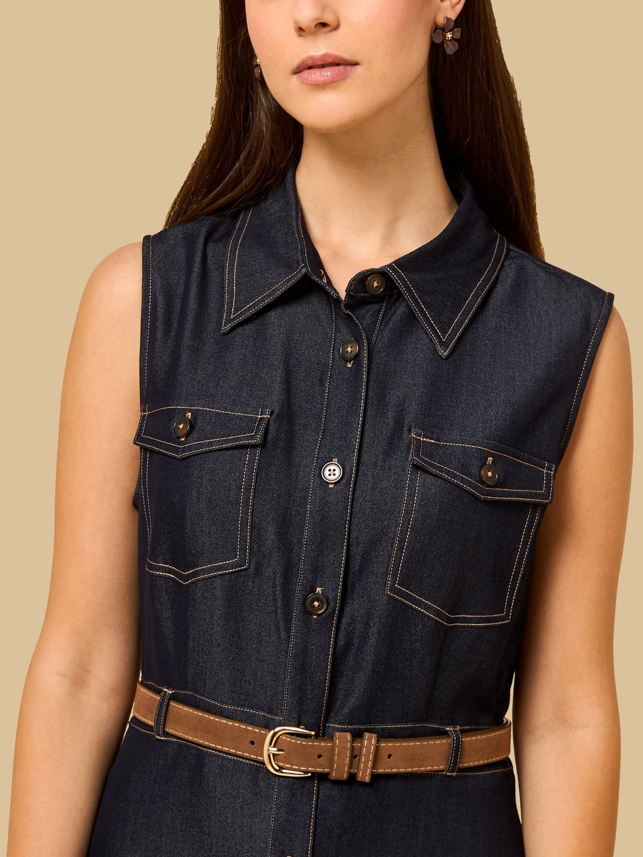 Belted Sleeveless Denim Dress