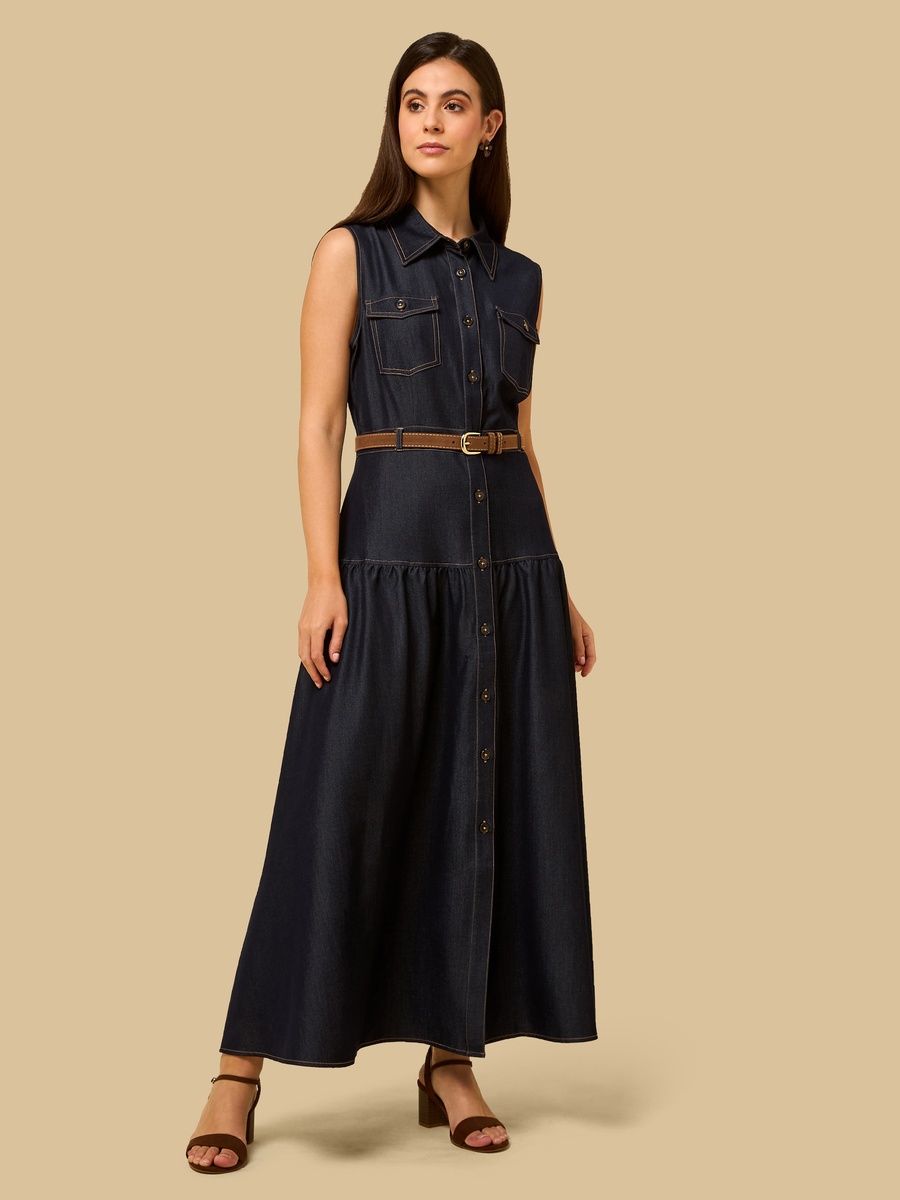 Belted Sleeveless Denim Dress