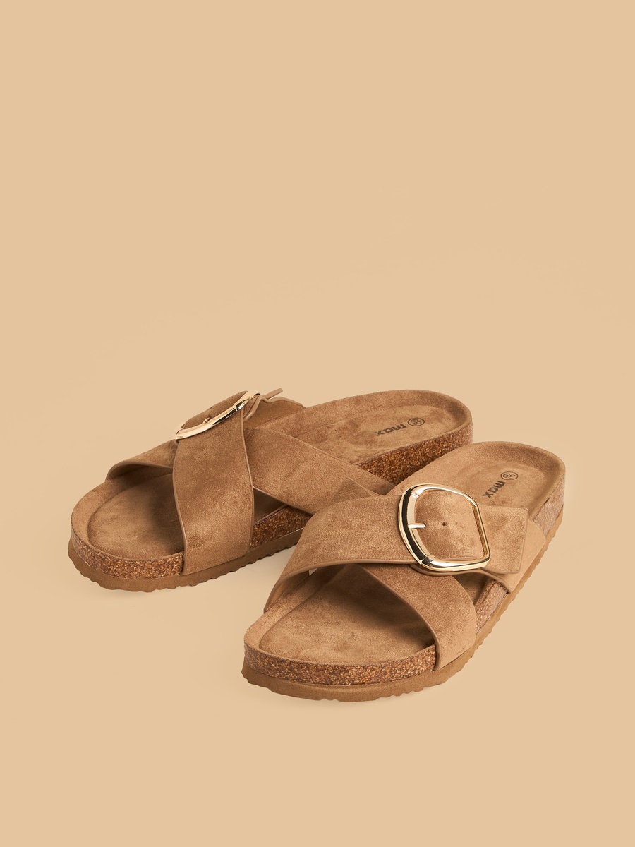 Buckle Accent Cross Strap Slip-On Sandals