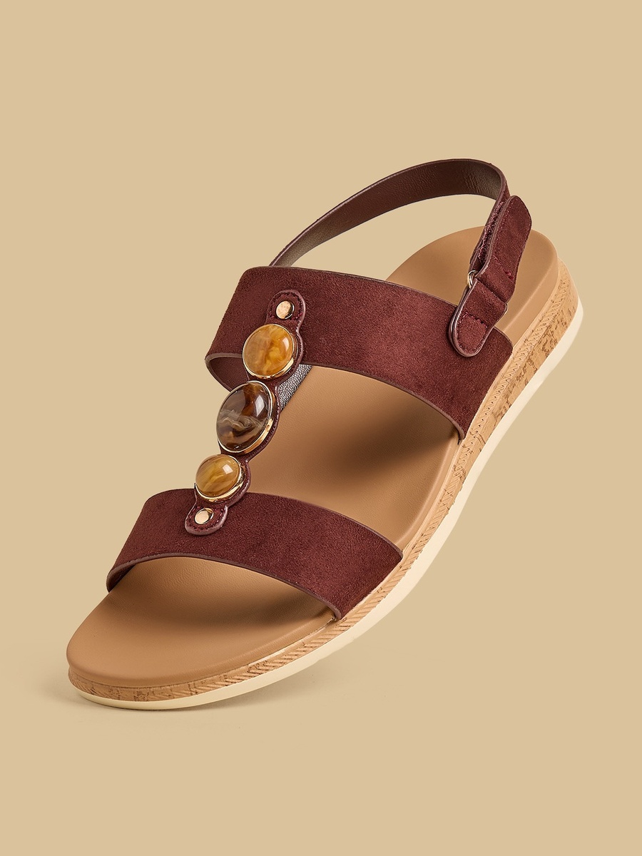 Bead Embellished Comfort Sandals with Hook and Loop Closure