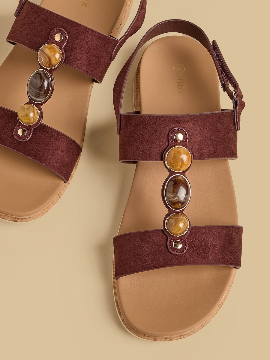 Bead Embellished Comfort Sandals with Hook and Loop Closure