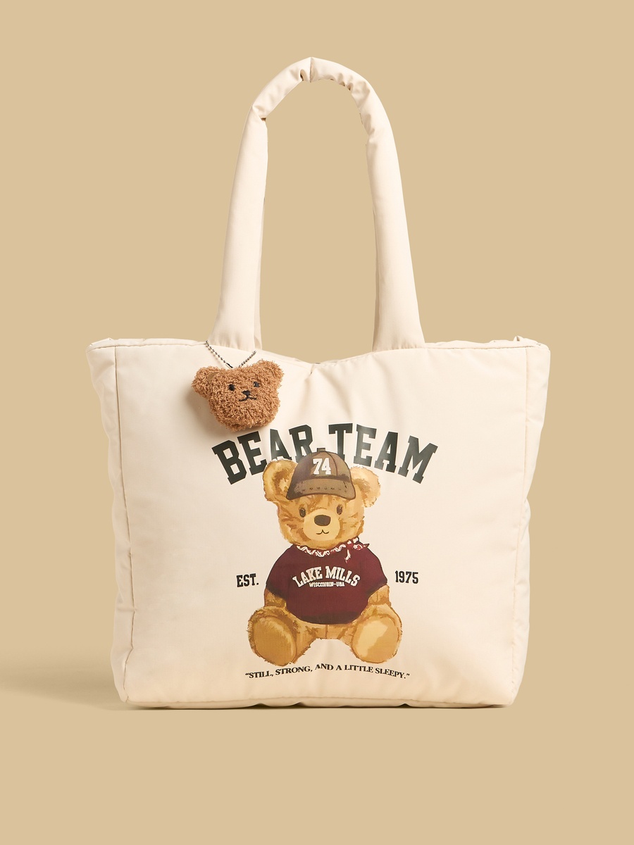Bear Print Quilted Tote Bag with Button Closure