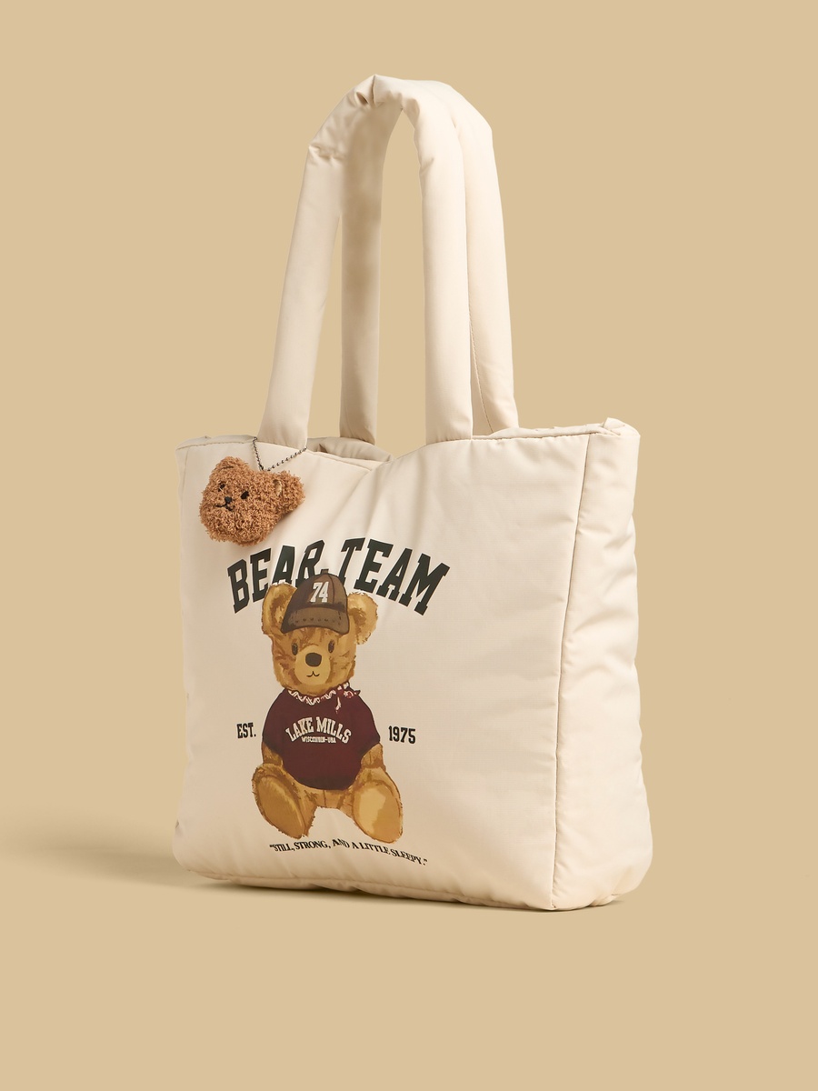 Bear Print Quilted Tote Bag with Button Closure