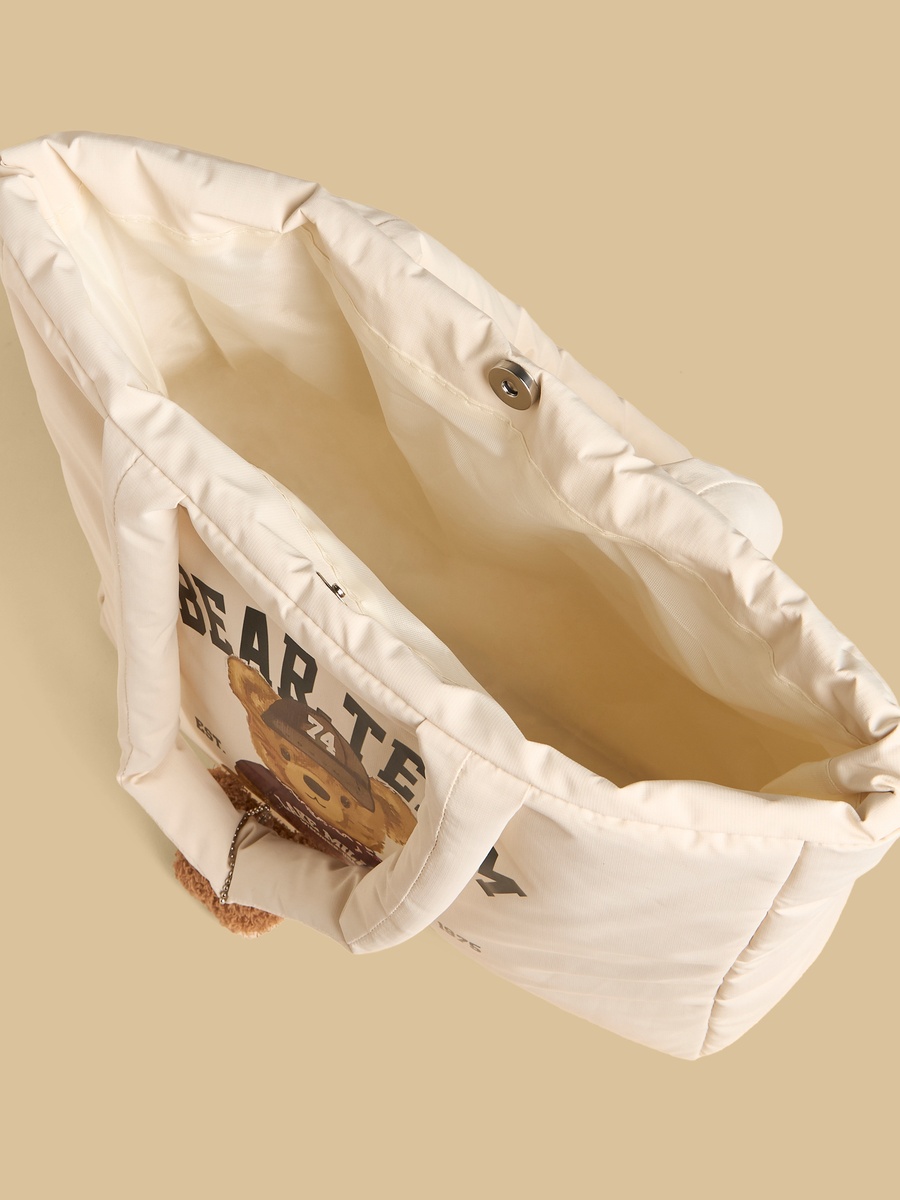 Bear Print Quilted Tote Bag with Button Closure