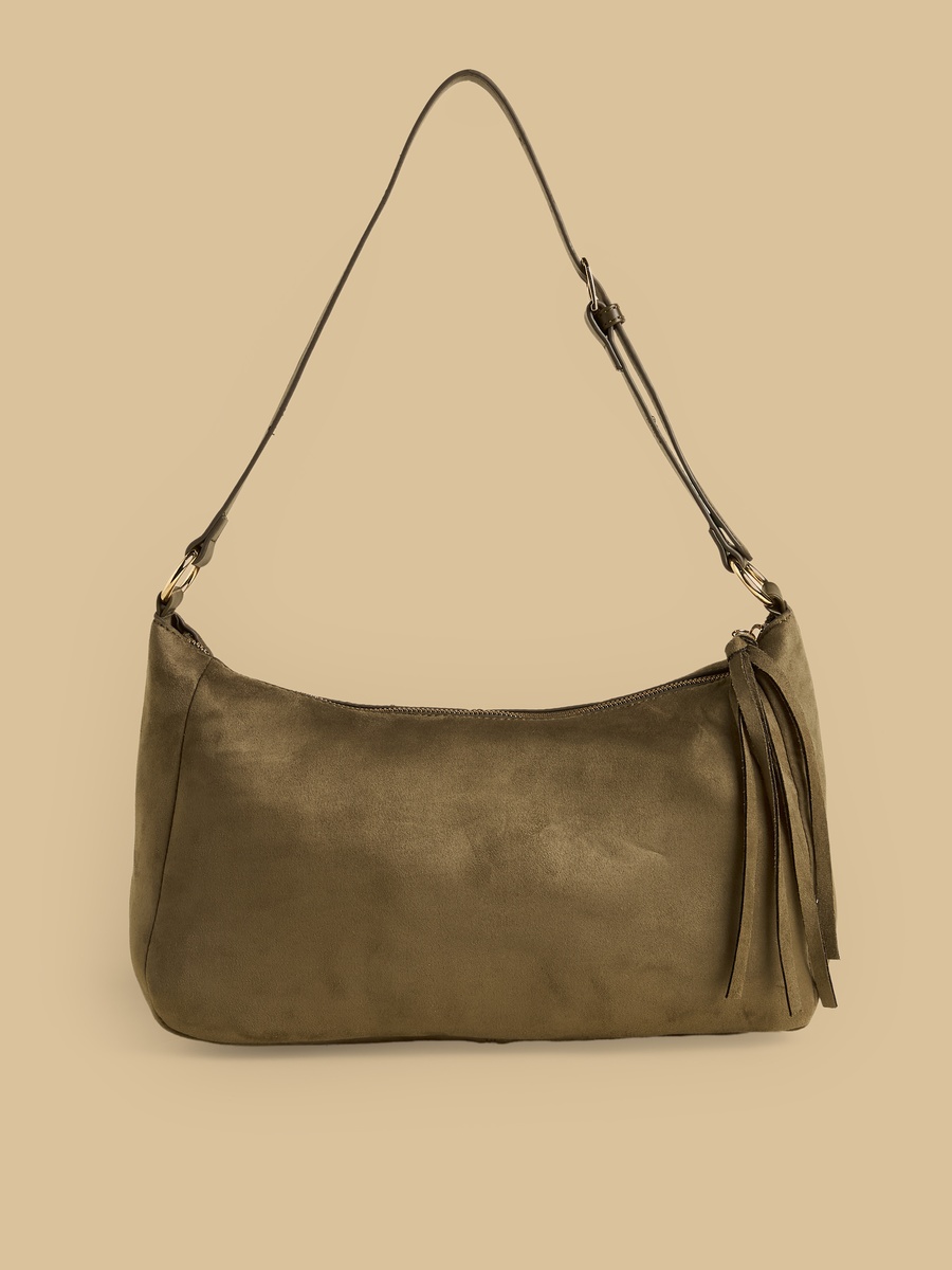 Tasselled Suede Shoulder Bag with Zip Closure