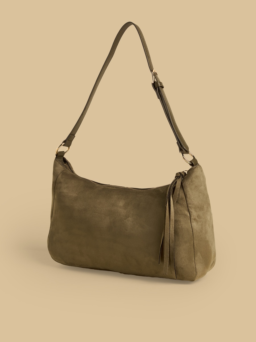 Tasselled Suede Shoulder Bag with Zip Closure