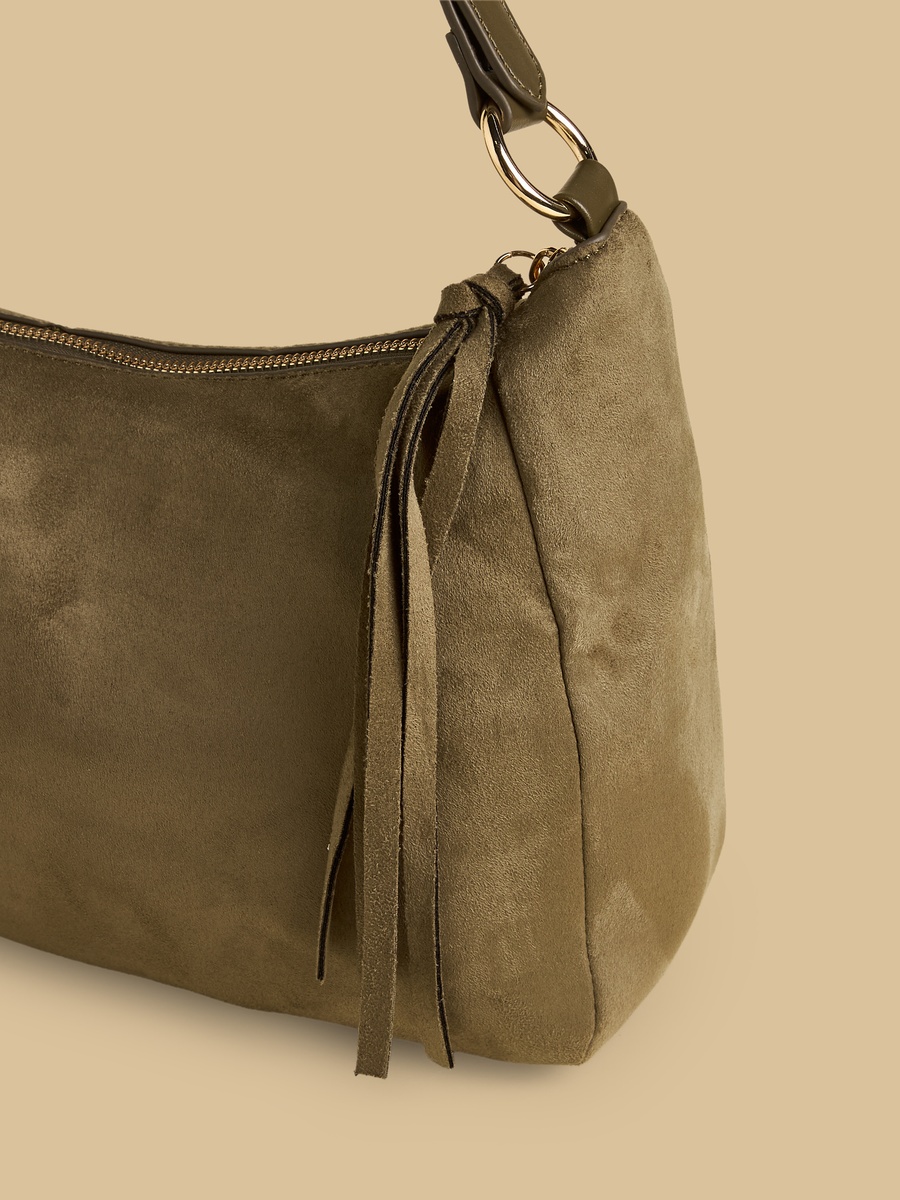 Tasselled Suede Shoulder Bag with Zip Closure