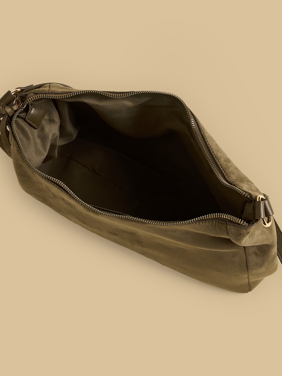 Tasselled Suede Shoulder Bag with Zip Closure