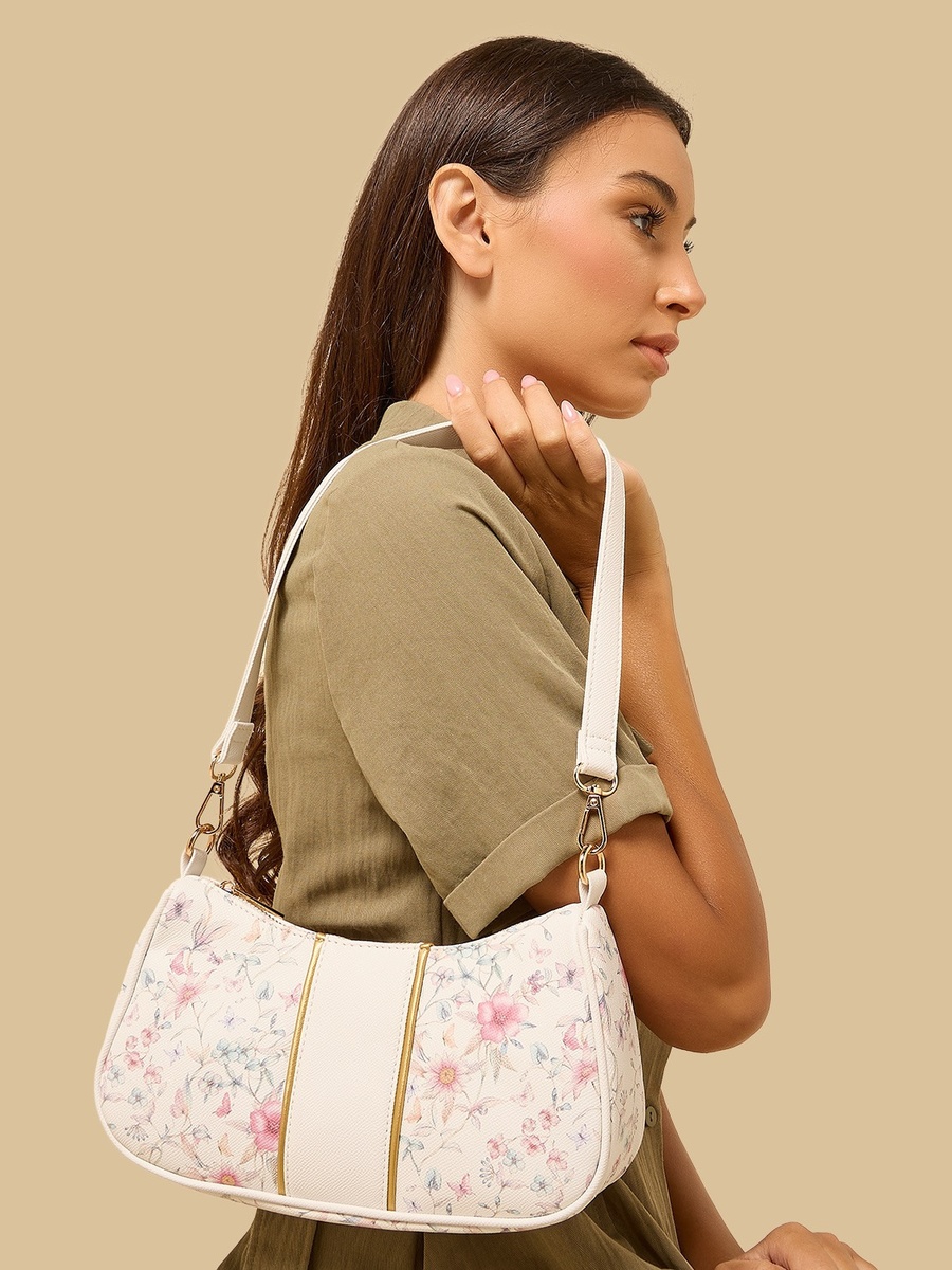 Floral Print Shoulder Bag with Zip Closure