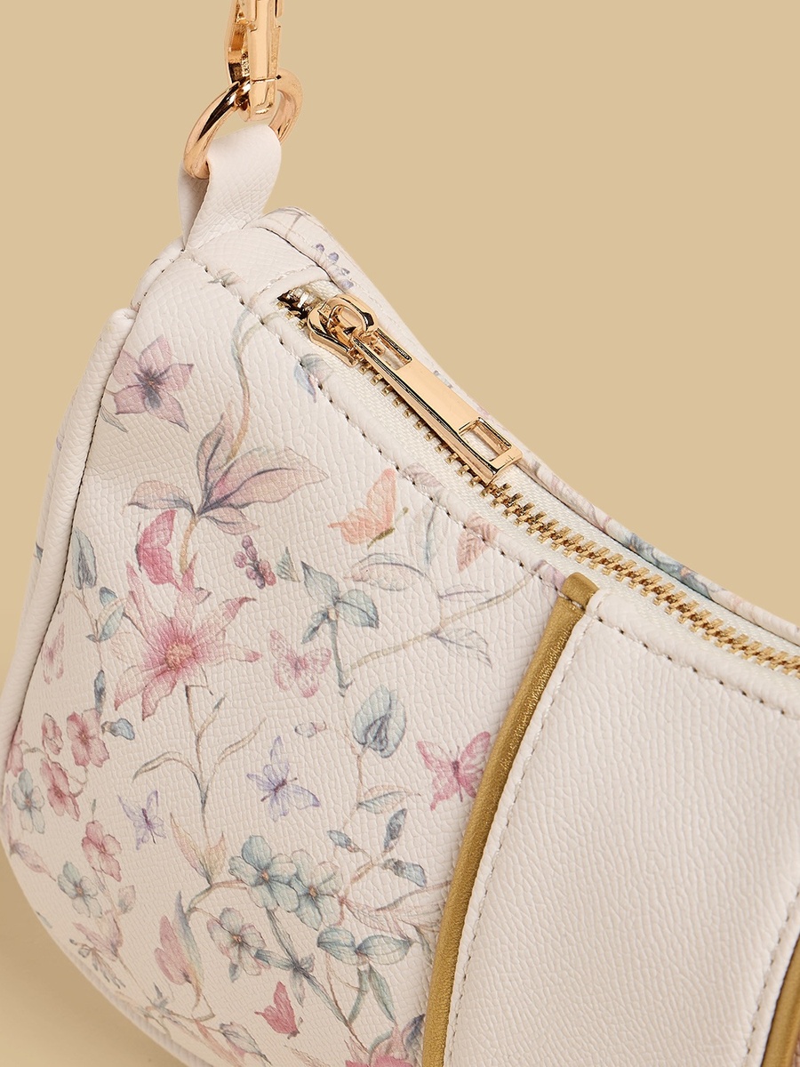 Floral Print Shoulder Bag with Zip Closure
