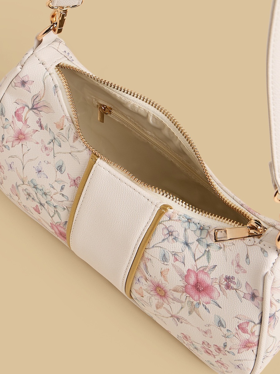 Floral Print Shoulder Bag with Zip Closure