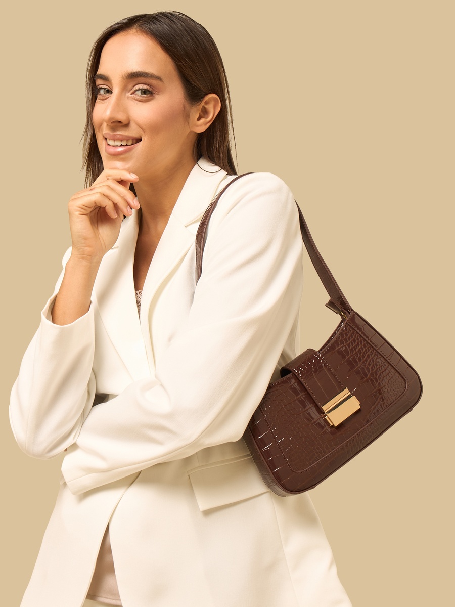 Textured Shoulder Bag with Flap Closure