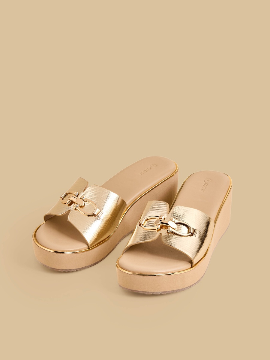 Metal Accent Wedge Heel Slip-On Sandals