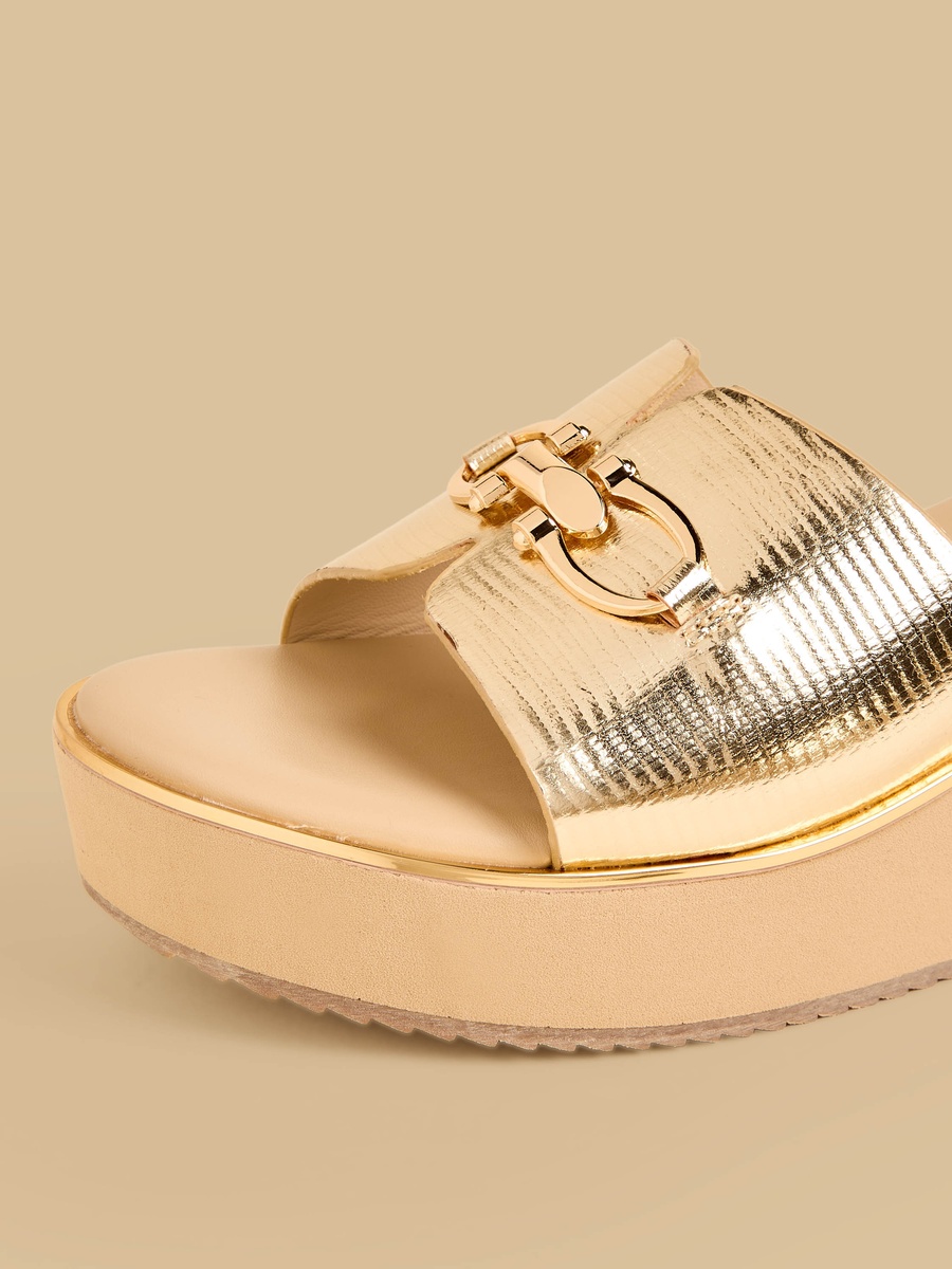 Metal Accent Wedge Heel Slip-On Sandals