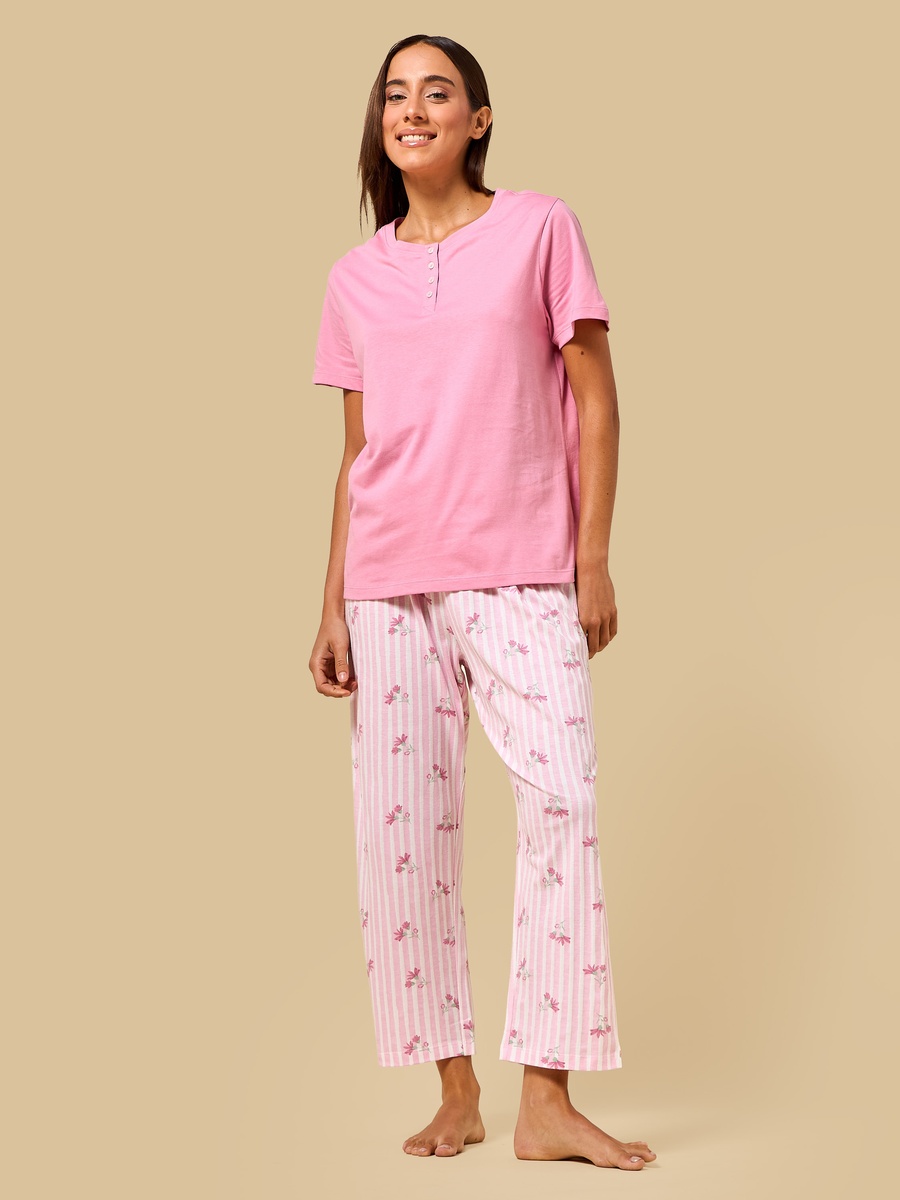 Floral Print Striped Cotton Pyjama Set