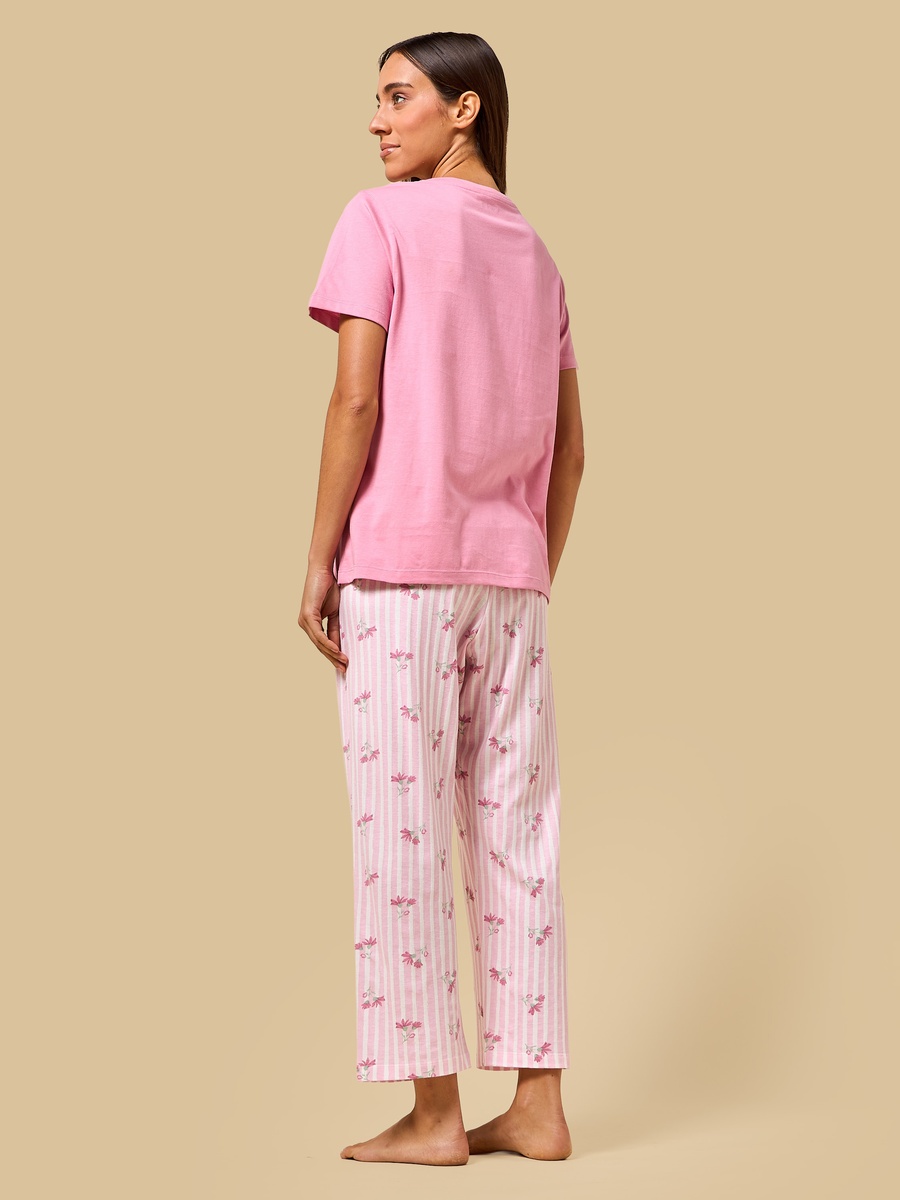 Floral Print Striped Cotton Pyjama Set