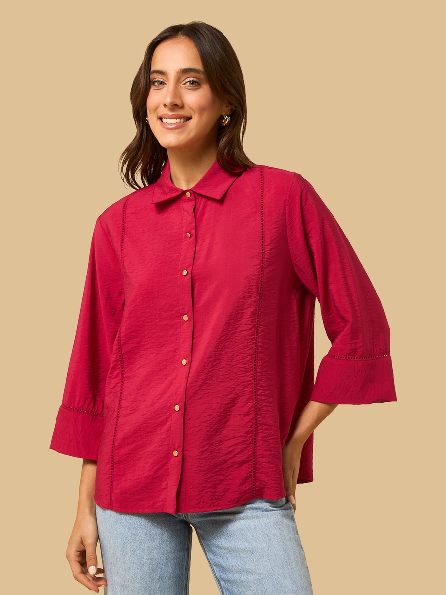 Ladder Lace Cropped Shirt with 3/4 Sleeves