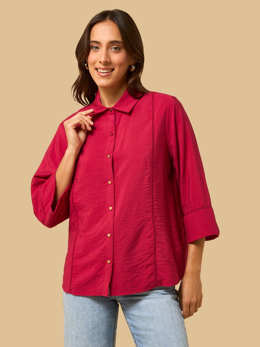 Ladder Lace Cropped Shirt with 3/4 Sleeves