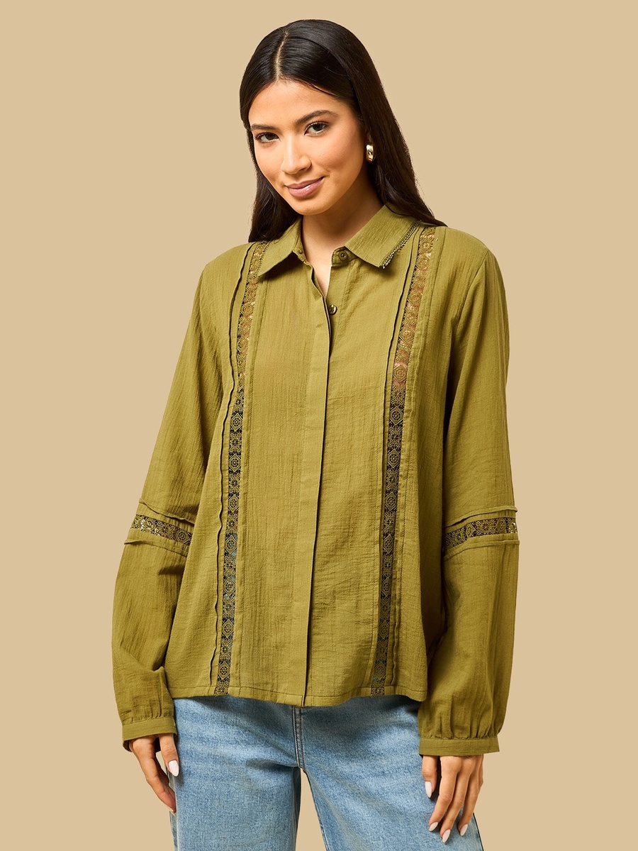 Lace Detail Linen Blend Oversized Shirt