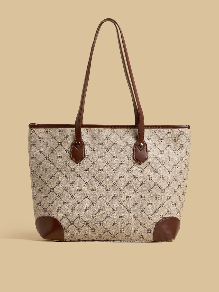 Monogram Print Tote Bag with Zip Closure