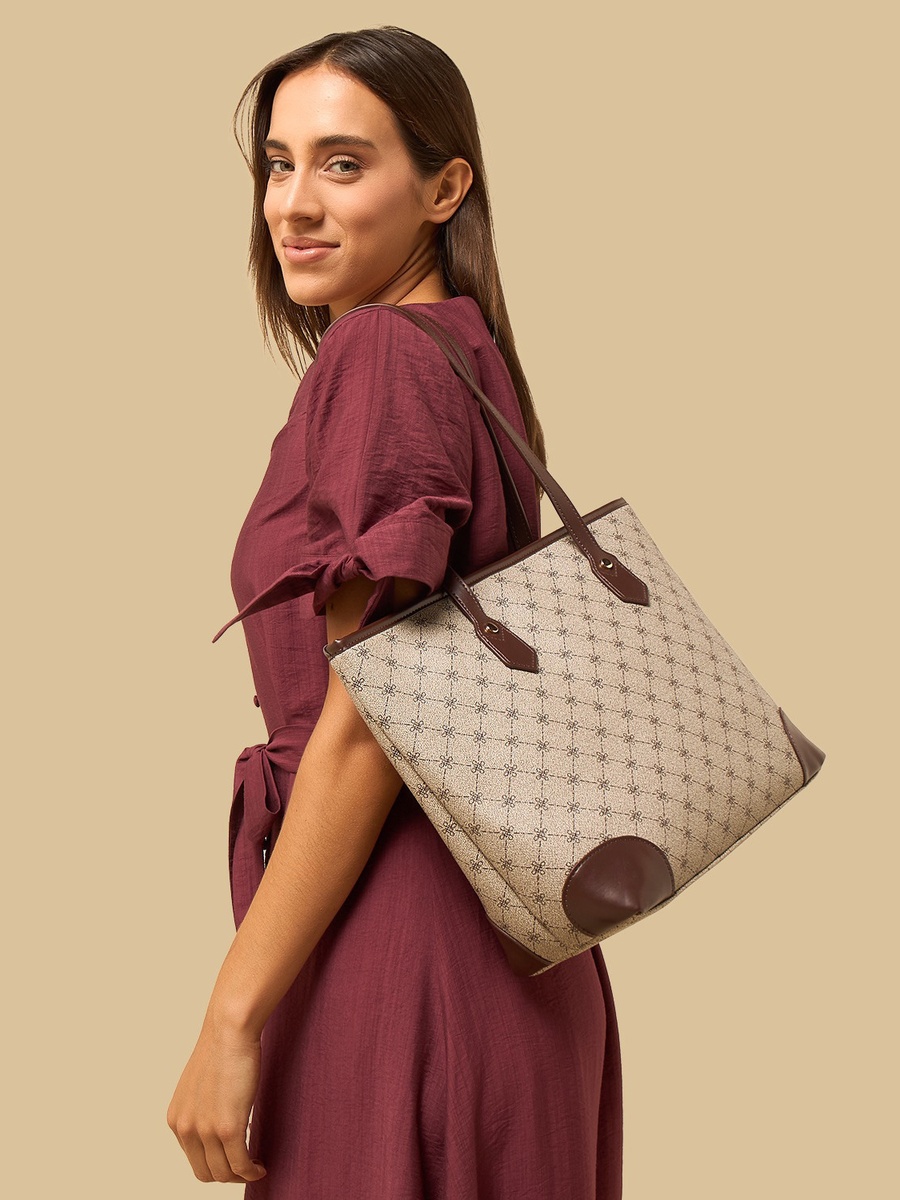 Monogram Print Tote Bag with Zip Closure