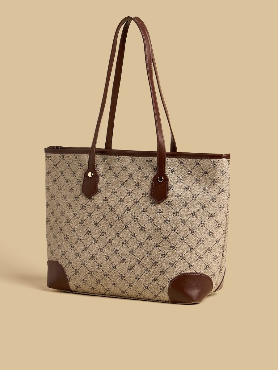 Monogram Print Tote Bag with Zip Closure