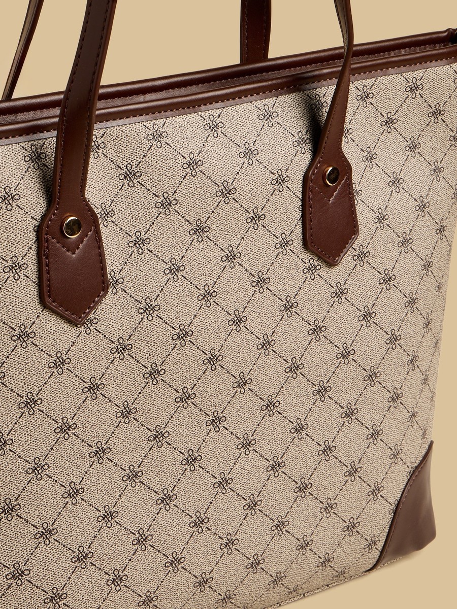 Monogram Print Tote Bag with Zip Closure