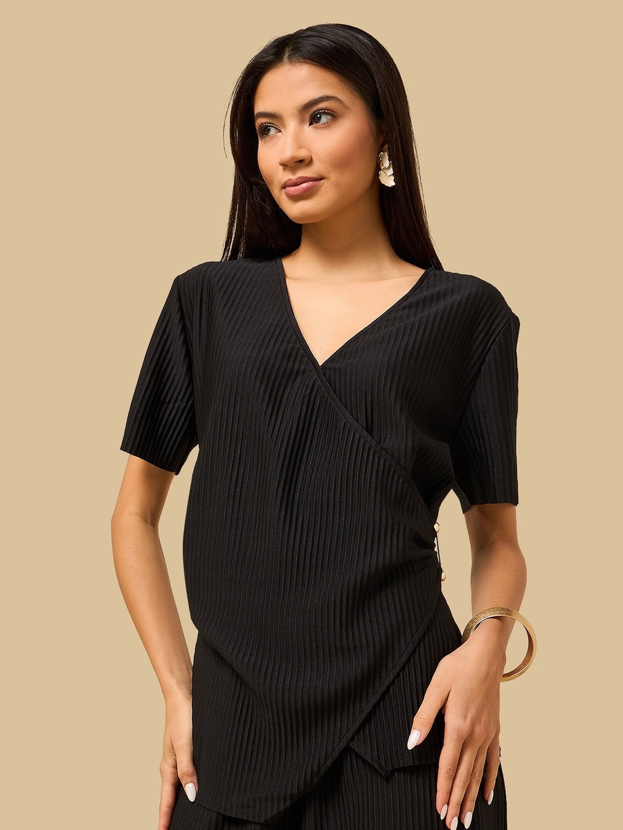 Pleated Wrap Top with Metal Trim