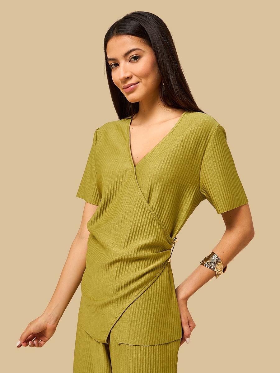 Pleated Wrap Top with Metal Trim