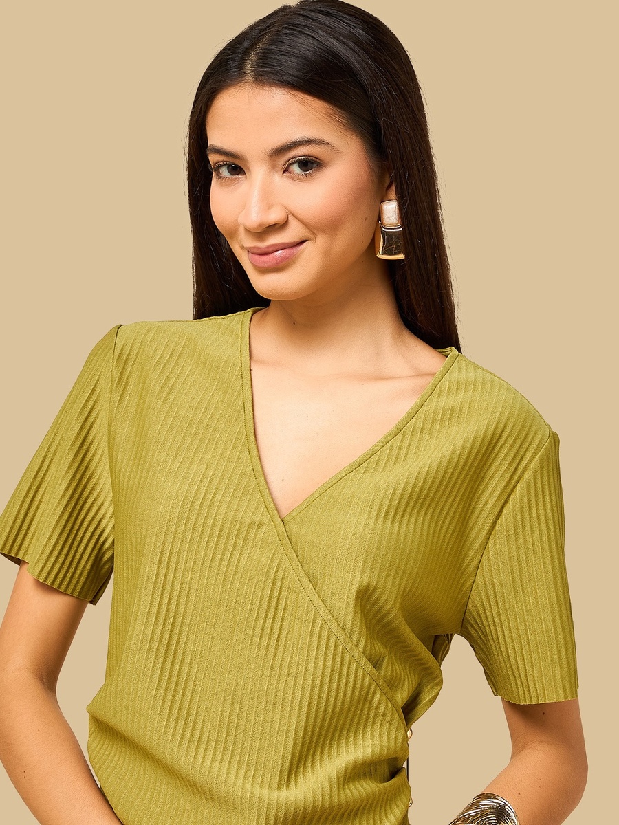 Pleated Wrap Top with Metal Trim