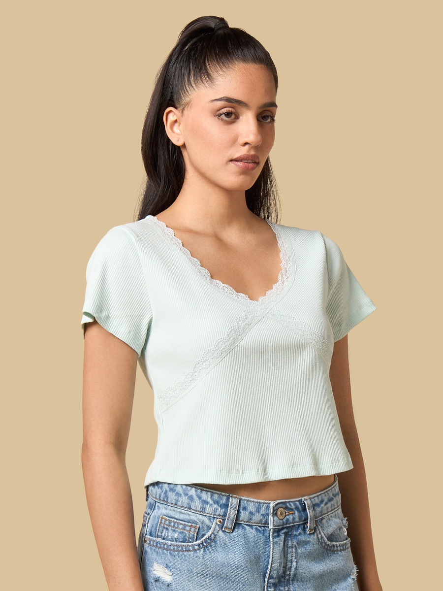 Lace Insert V Neck T-Shirt