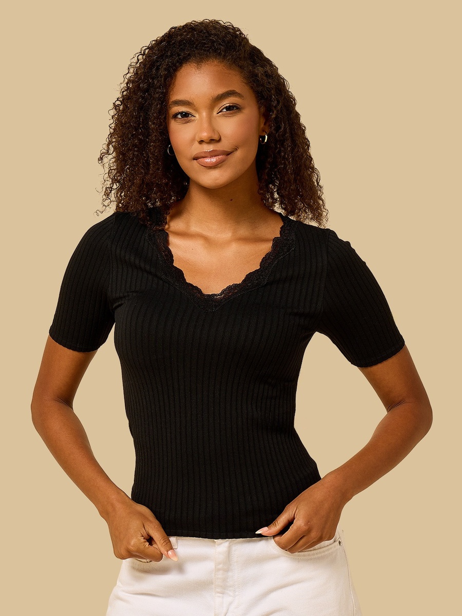 Lace Trim Ribbed V Neck T-Shirt