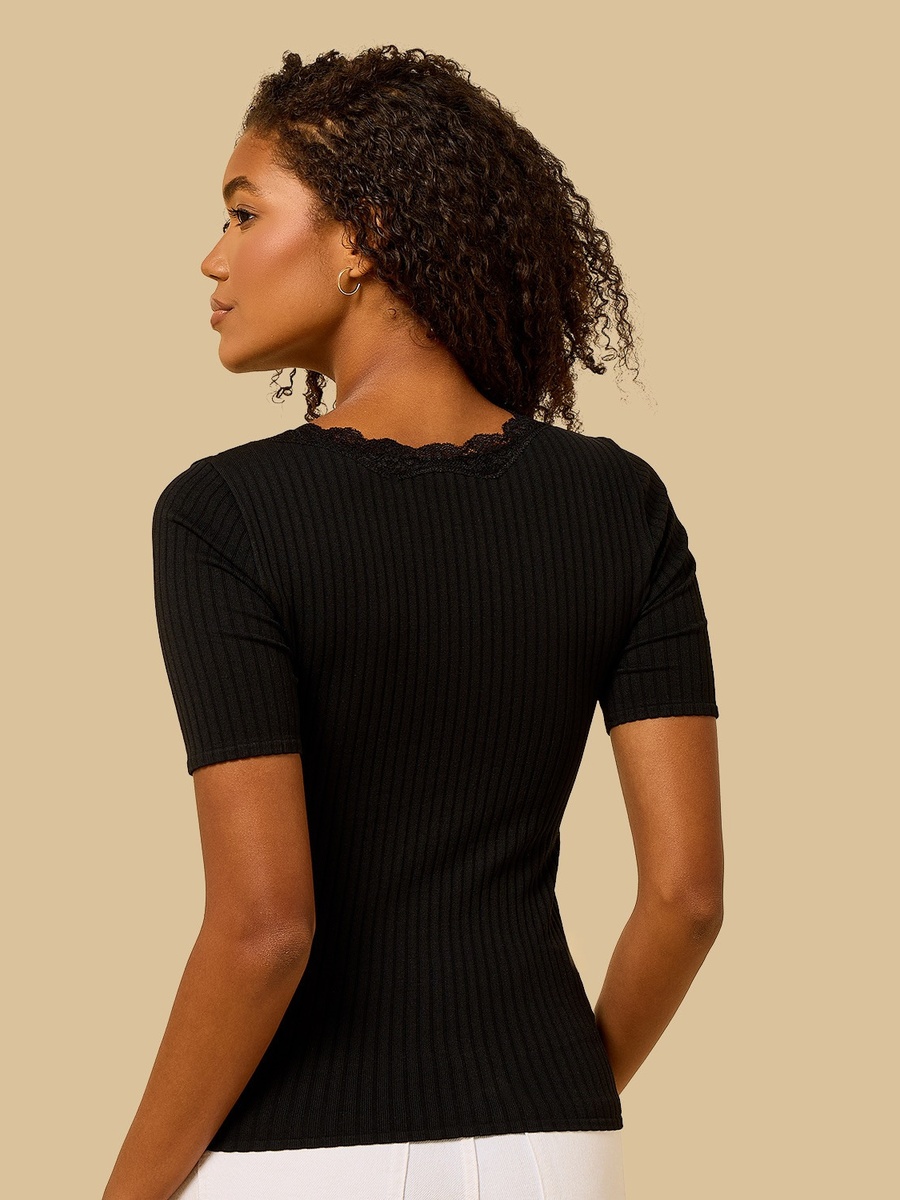 Lace Trim Ribbed V Neck T-Shirt