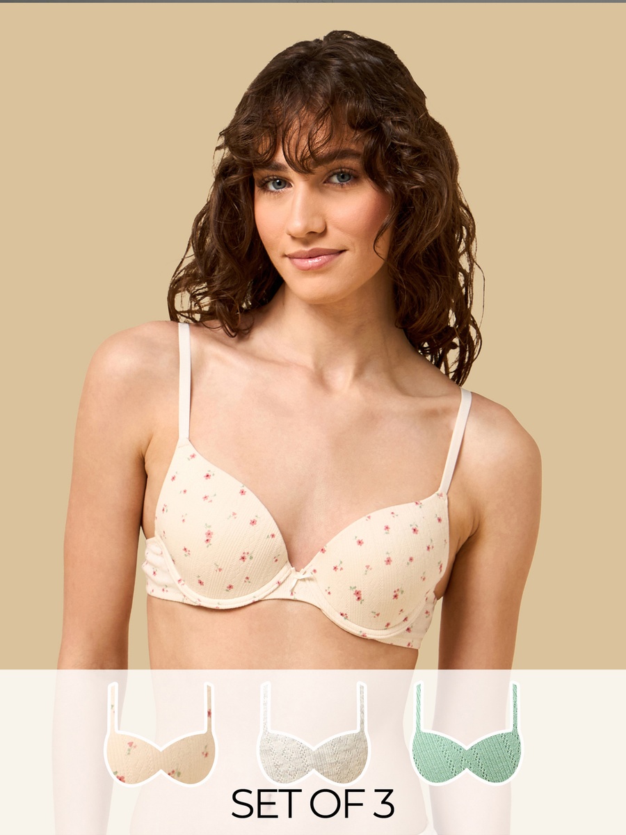 Pack of 3 - Pointelle Padded Wired Plunge Bra