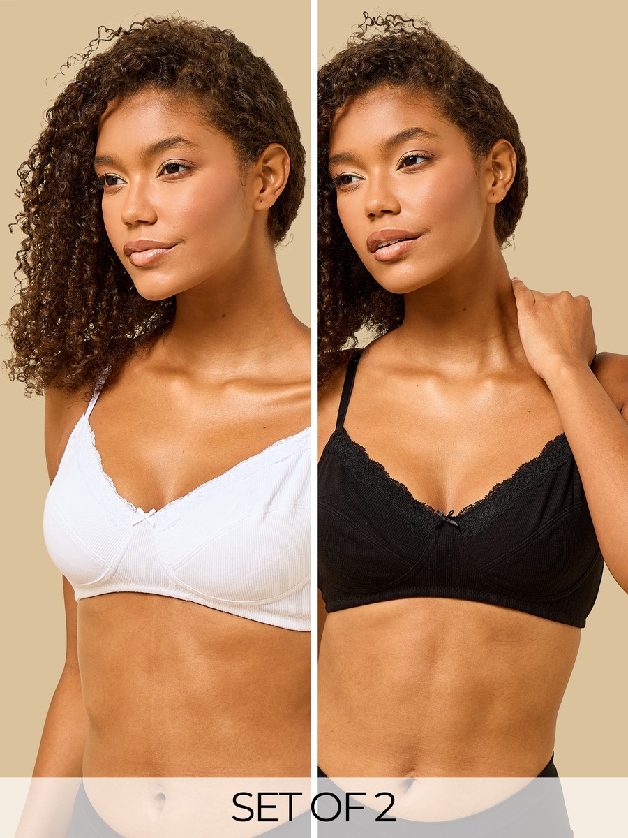 Pack of 2 - Ribbed Lace Trim Non-Padded Bra