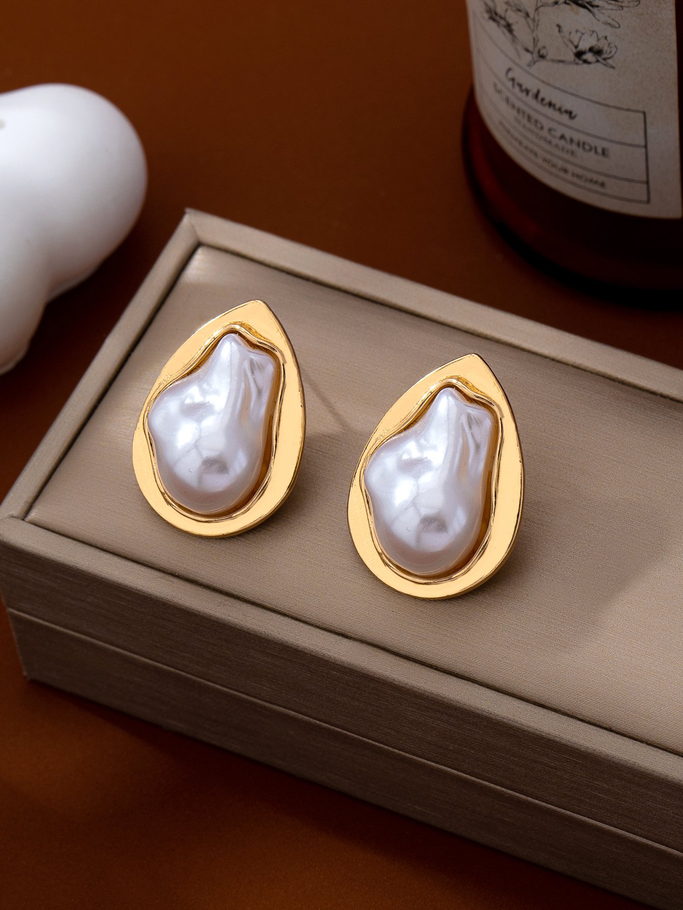 Gold Teardrop Baroque Pearl Stud Earrings for Women - Casual 
