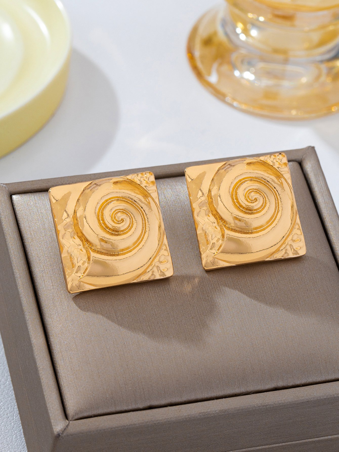 Gold Square Spiral Stud Earrings for Women - Casual 