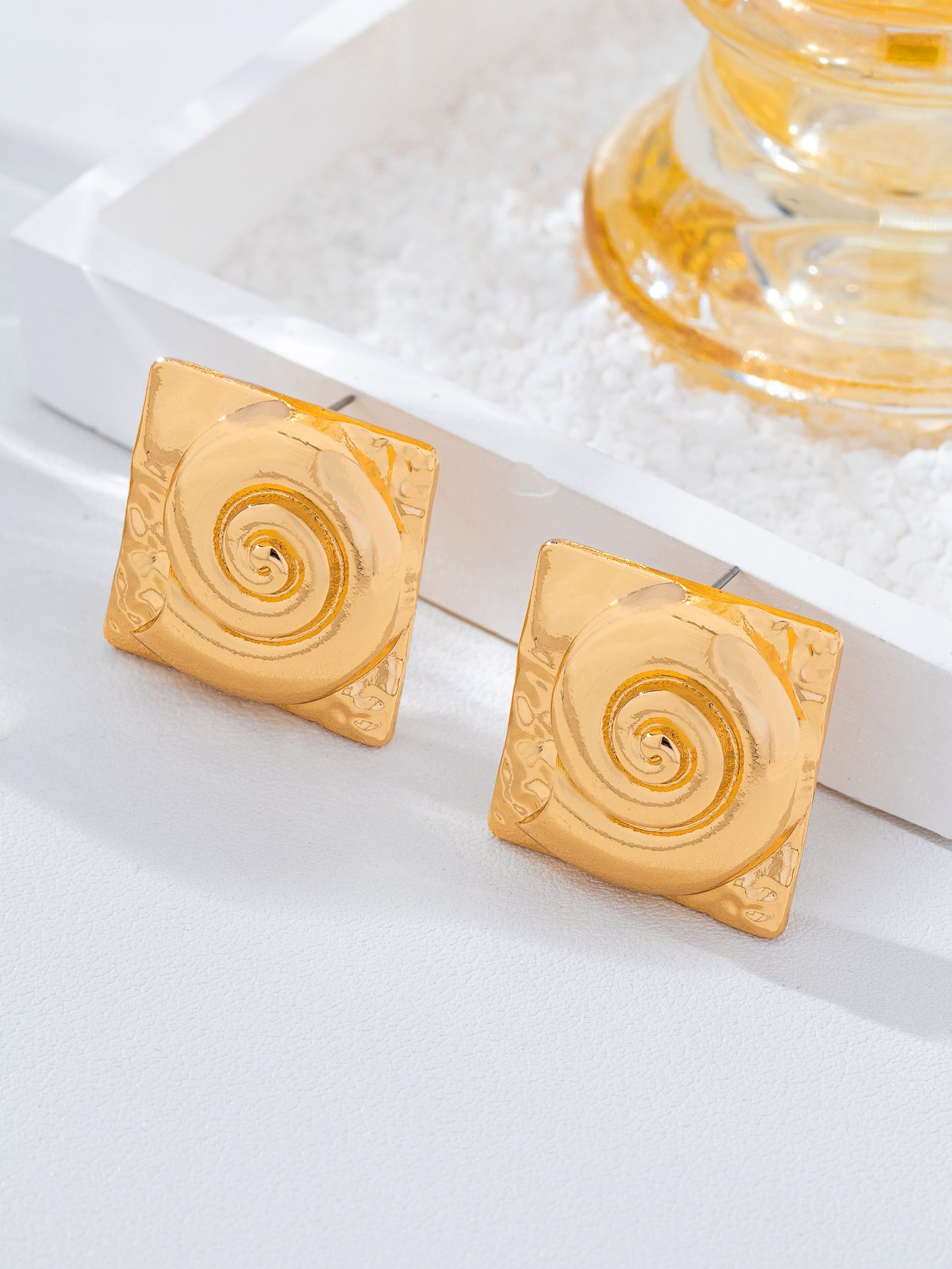 Gold Square Spiral Stud Earrings for Women - Casual 