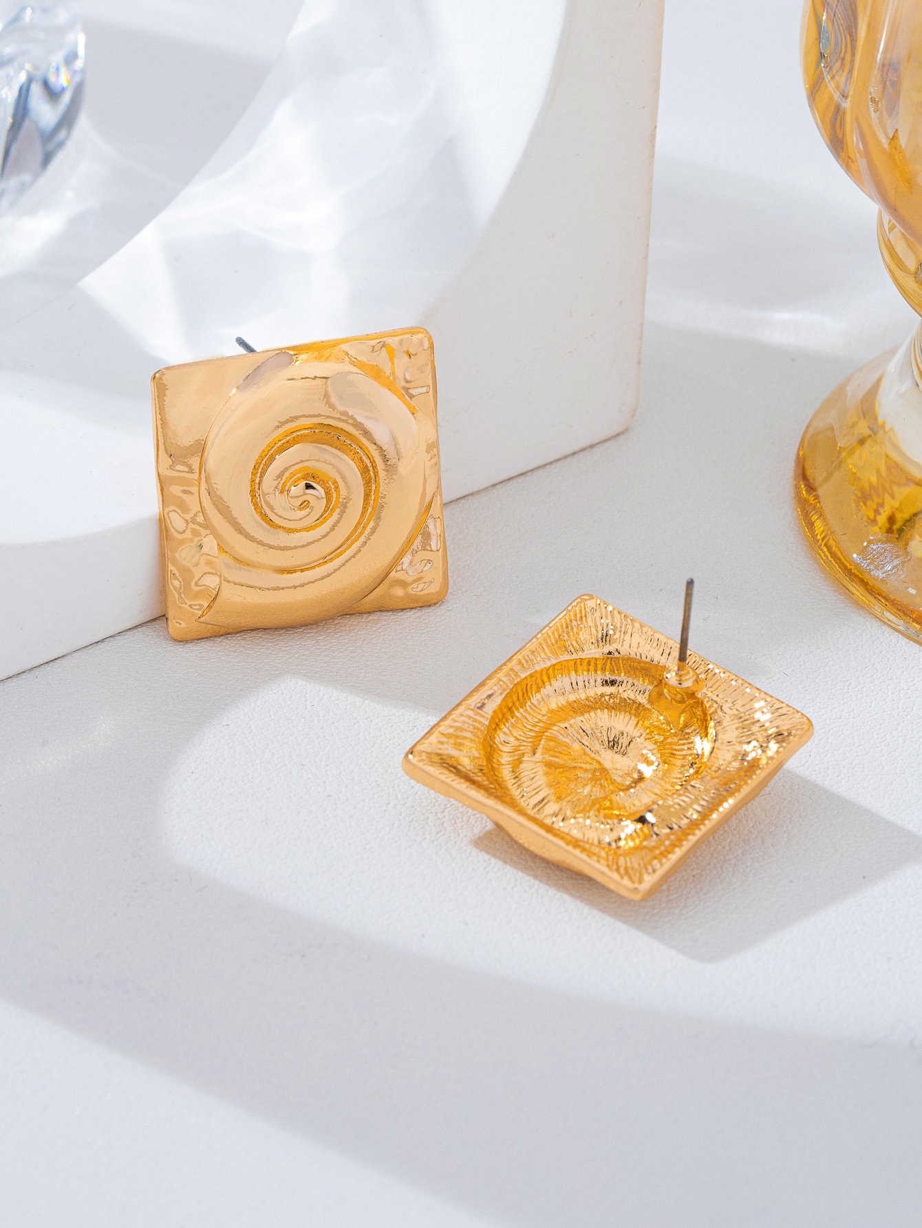 Gold Square Spiral Stud Earrings for Women - Casual 