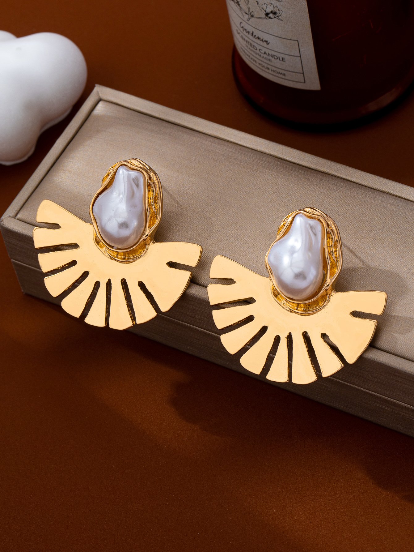 Gold Fan-Shaped Baroque Pearl Stud Earrings for Women