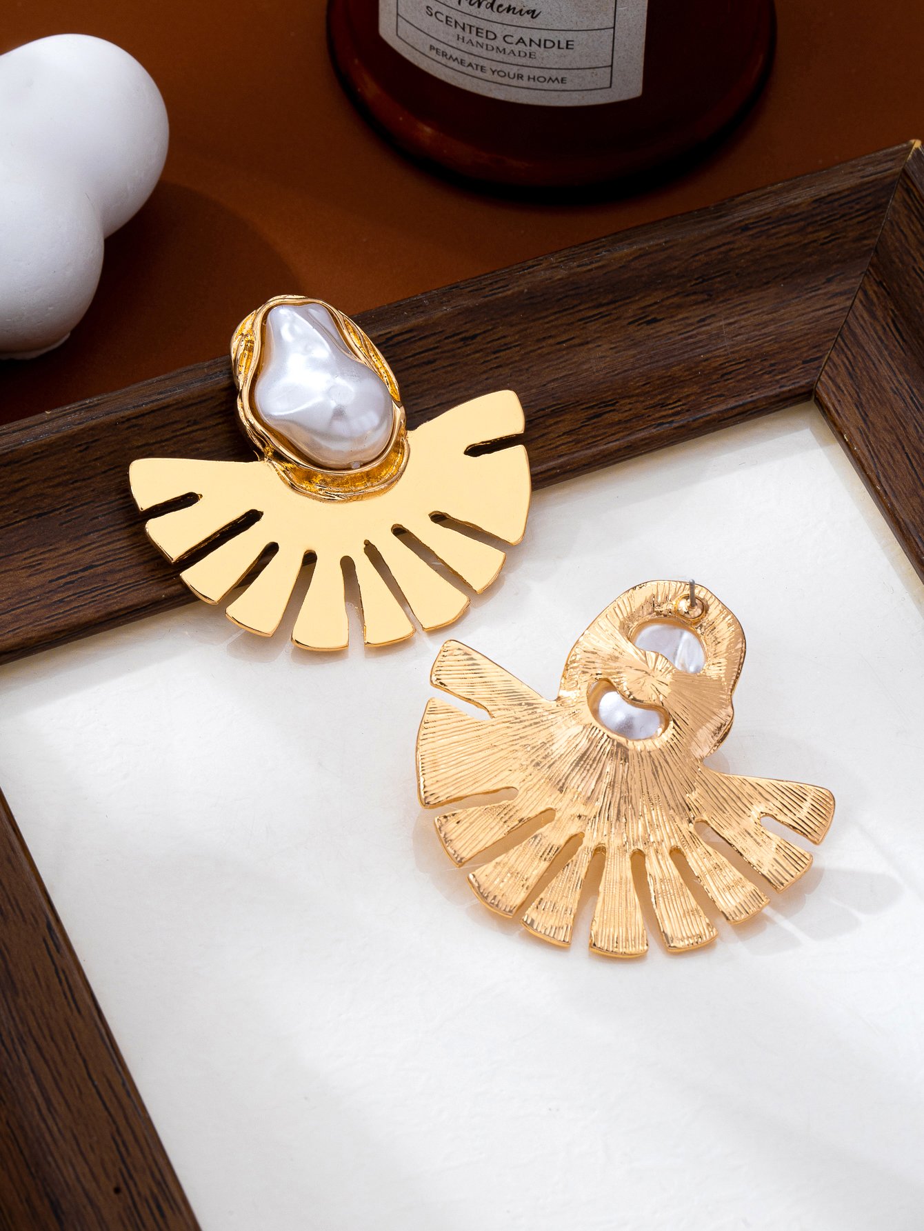 Gold Fan-Shaped Baroque Pearl Stud Earrings for Women